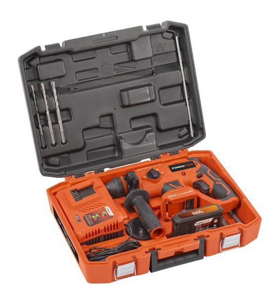 VARO POWDP15640 Powerplus Set Bohrhammer 20V mit Akku und Ladegerät Meißel Bohrspitzen