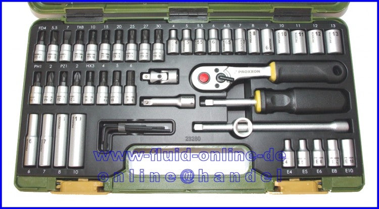 PROXXON 23280 Feinmechanikersatz Ratschenkasten mit Antrieb 6,3mm (1/4") 50tlg. Satz