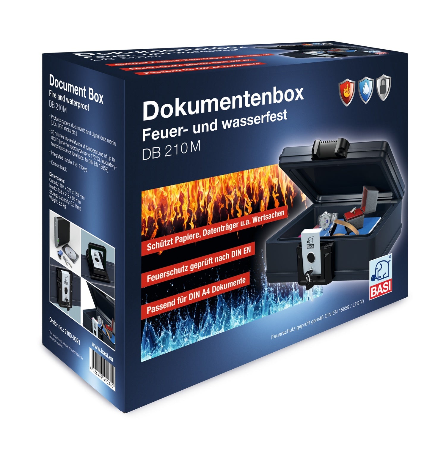 BASI DB 210M Dokumentenbox feuerfest wasserfest  6,9 Liter Dokumente Schützen