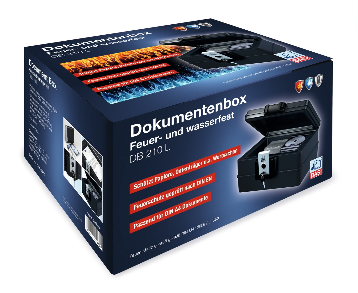 BASI DB 210L Dokumentenbox feuerfest wasserfest  9,8 Liter Dokumente Schützen