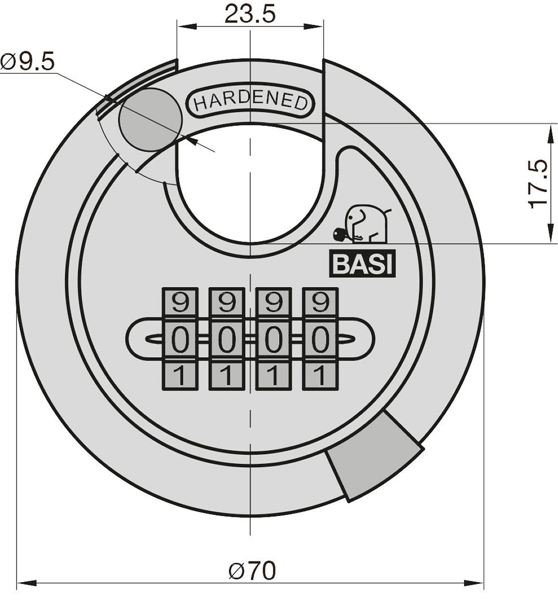 BASI 6100-7050 Rundbügel Vorhängeschloss RVS 610Z Edelstahl Zahlenschloss Ø70mm