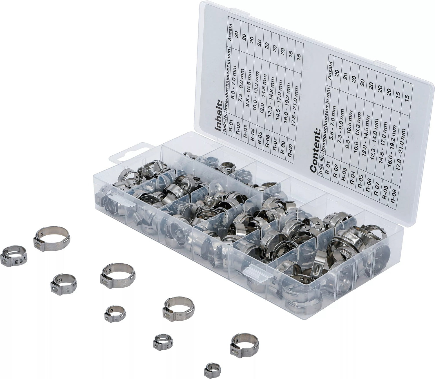 BGS 14115 Sortiment Edelstahl Schlauchklemmen Ø 5,8 - 21mm 170 teilig