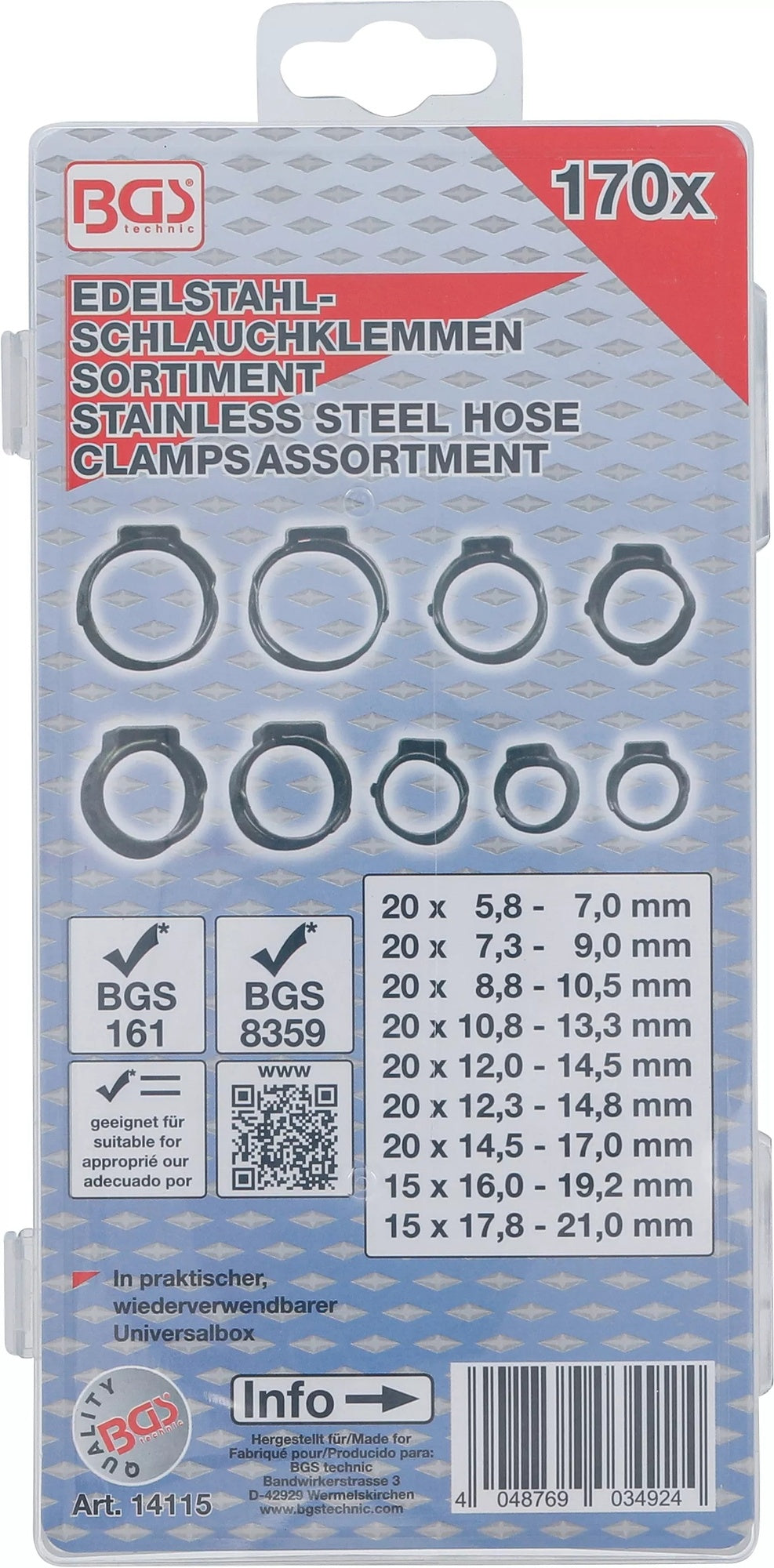 BGS 14115 Sortiment Edelstahl Schlauchklemmen Ø 5,8 - 21mm 170 teilig