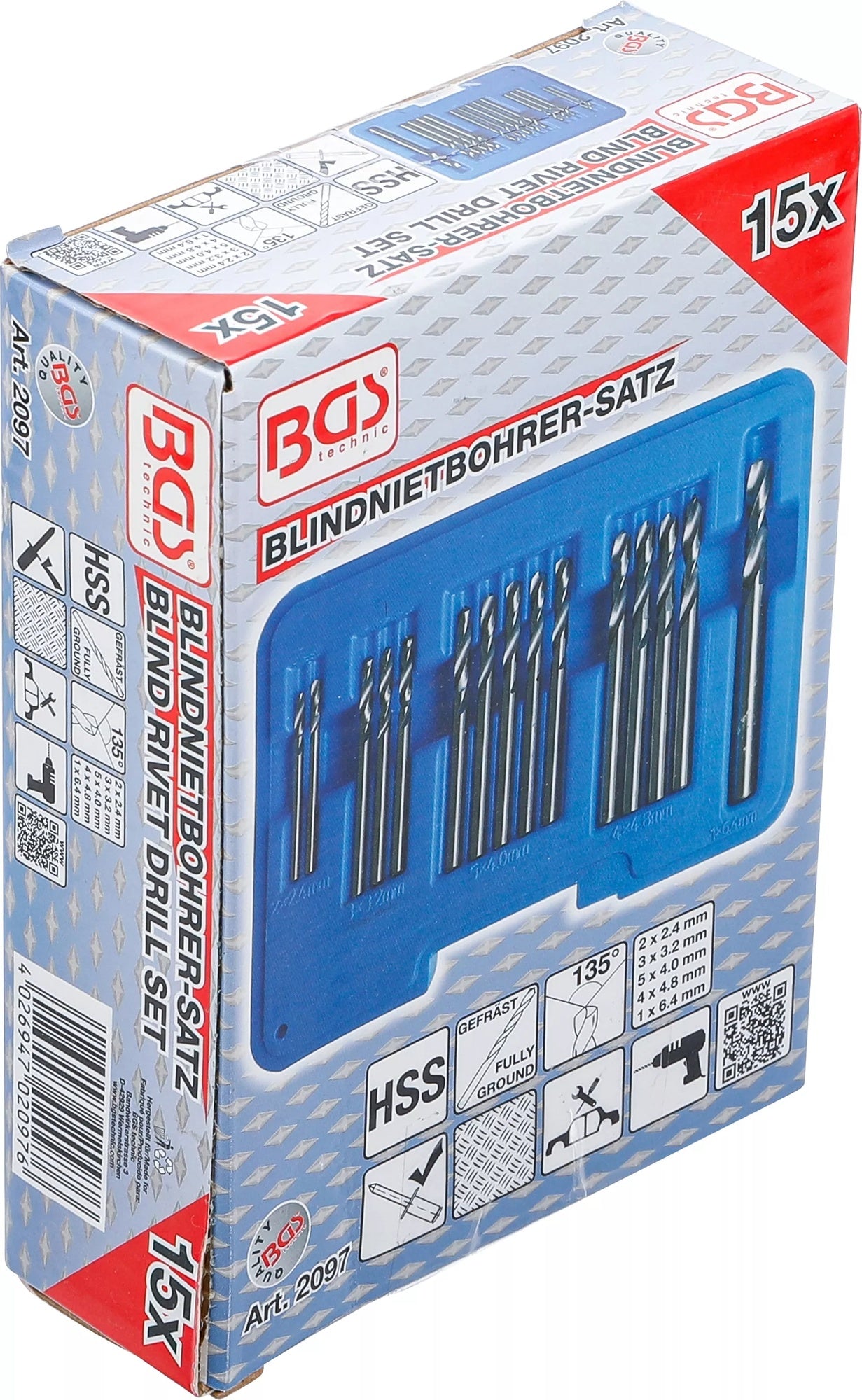 BGS 2097 Satz Blindnietbohrer HSS 2,4 - 6,4mm 15 teilig
