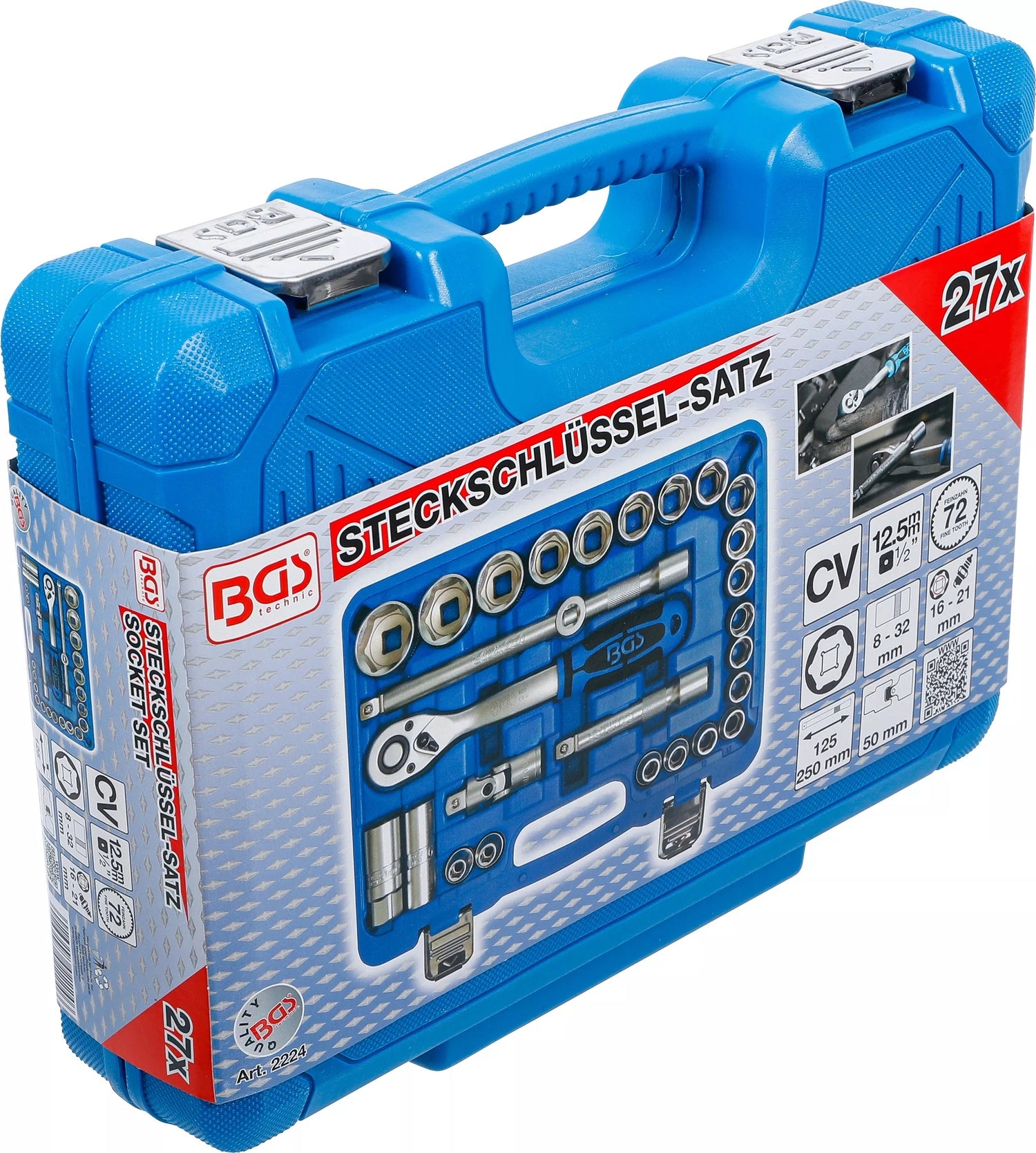 BGS 2224 Werkzeugkoffer Knarrenkasten Nüsse 8-32 mm + Knarre  Verlängerung Antrieb 12,5mm (1/2")