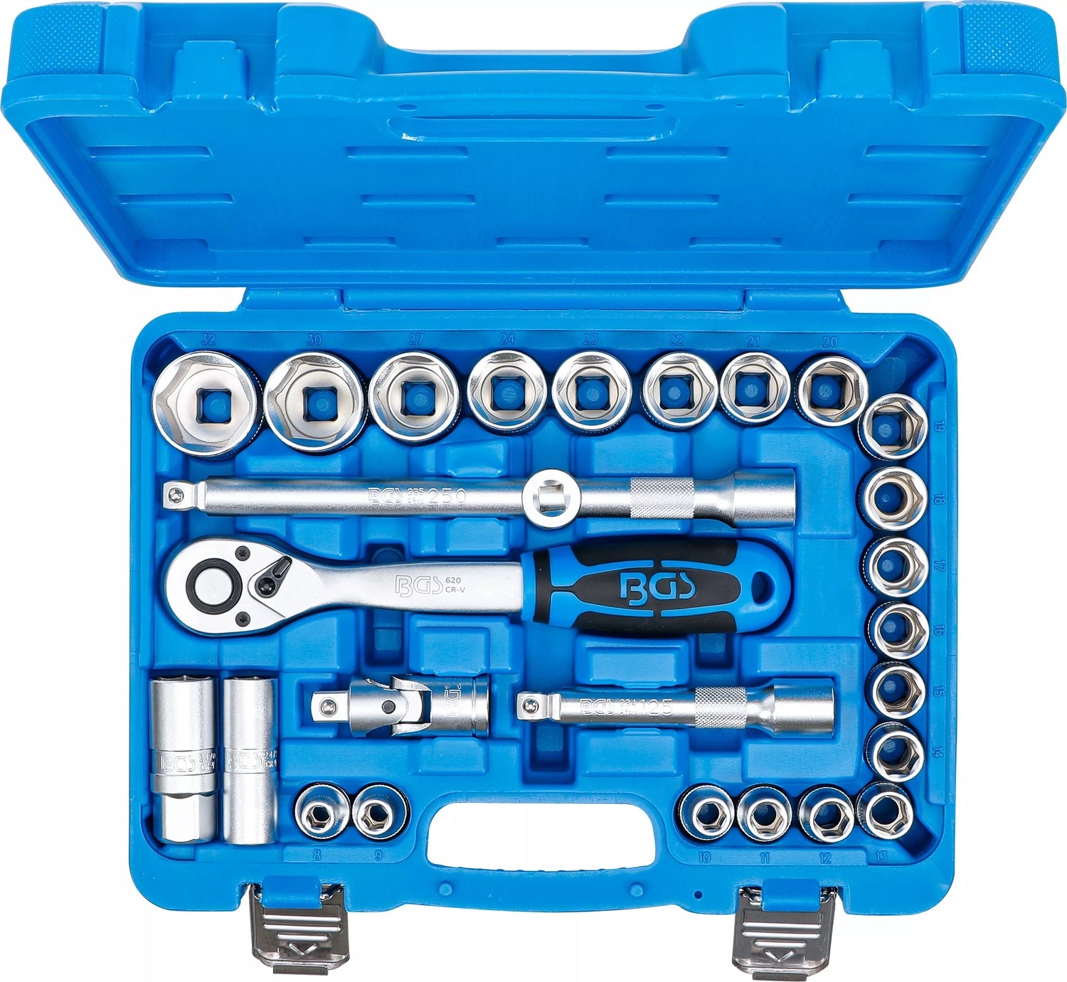 BGS 2224 Werkzeugkoffer Knarrenkasten Nüsse 8-32 mm + Knarre  Verlängerung Antrieb 12,5mm (1/2")