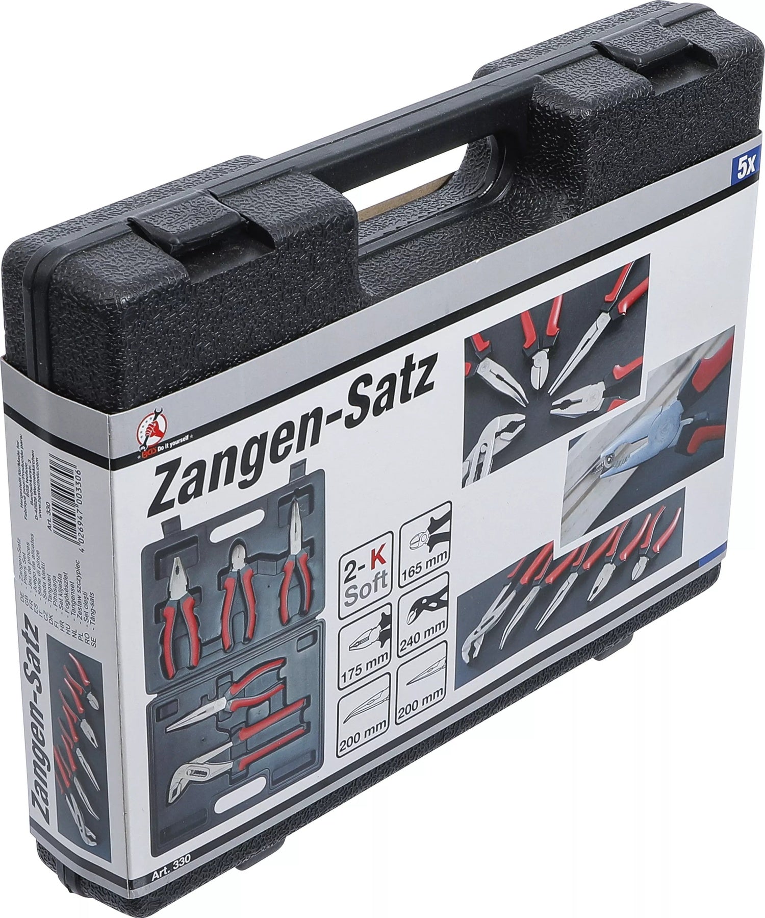 BGS DIY 330 Satz Zangen 5 teilig Kombizange Rohrzange Seitenschneider Telefonzange mit Koffer