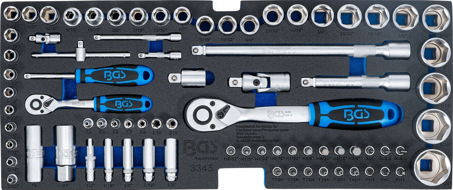 BGS 3345 Werkzeugeinlage Schaumeinlage Zoll Steckschlüsselsatz 6,3mm (1/4") & 12,5mm (1/2") für BGS 3312 318 3350 78 teilig