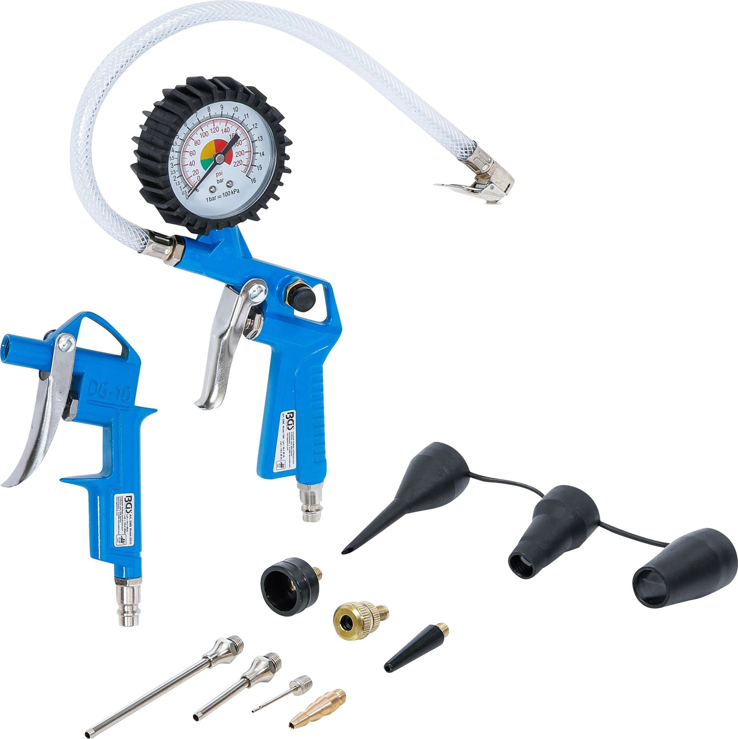 BGS 3369 Druckluft Ausblaspistole und Reifenfüllpistolen-Satz Manomometer 10 teilig