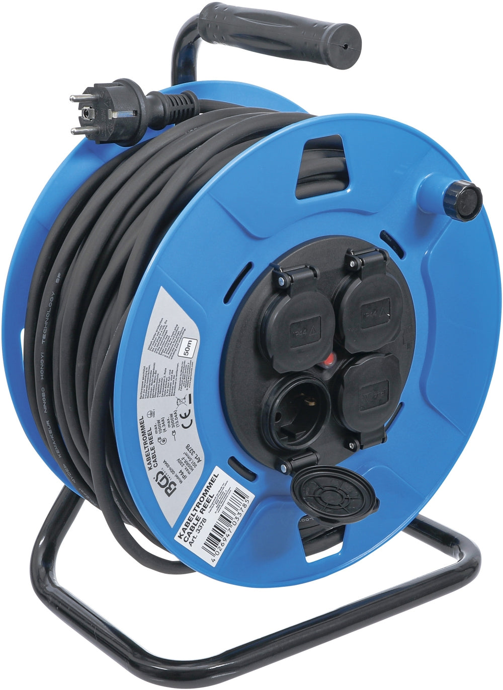 BGS 3378 Kabeltrommel 50m 3 x 1,5mm² 4 Steckdosen mit Verschlusskappe 3500W IP 44