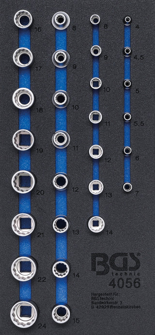 BGS 4056 Satz Steckschlüssel Antrieb 6,3mm (1/4") & 12,5mm (1/2") Werkstattwageneinlage 1/3 29 teilig