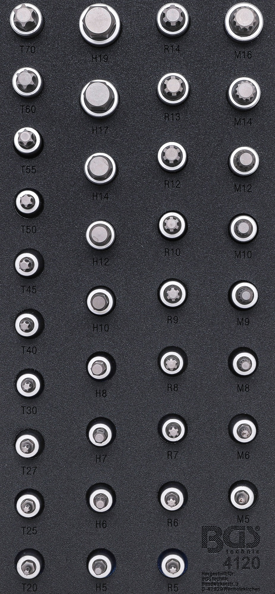 BGS DIY 4120 Satz Biteinsätze Antrieb Innenvierkant 12,5mm (1/2") Innensechskant T-Profil (für Torx) Innenvielzahn (für XZN) Keil-Profil (für RIBE) Werkstattwageneinlage 1/3