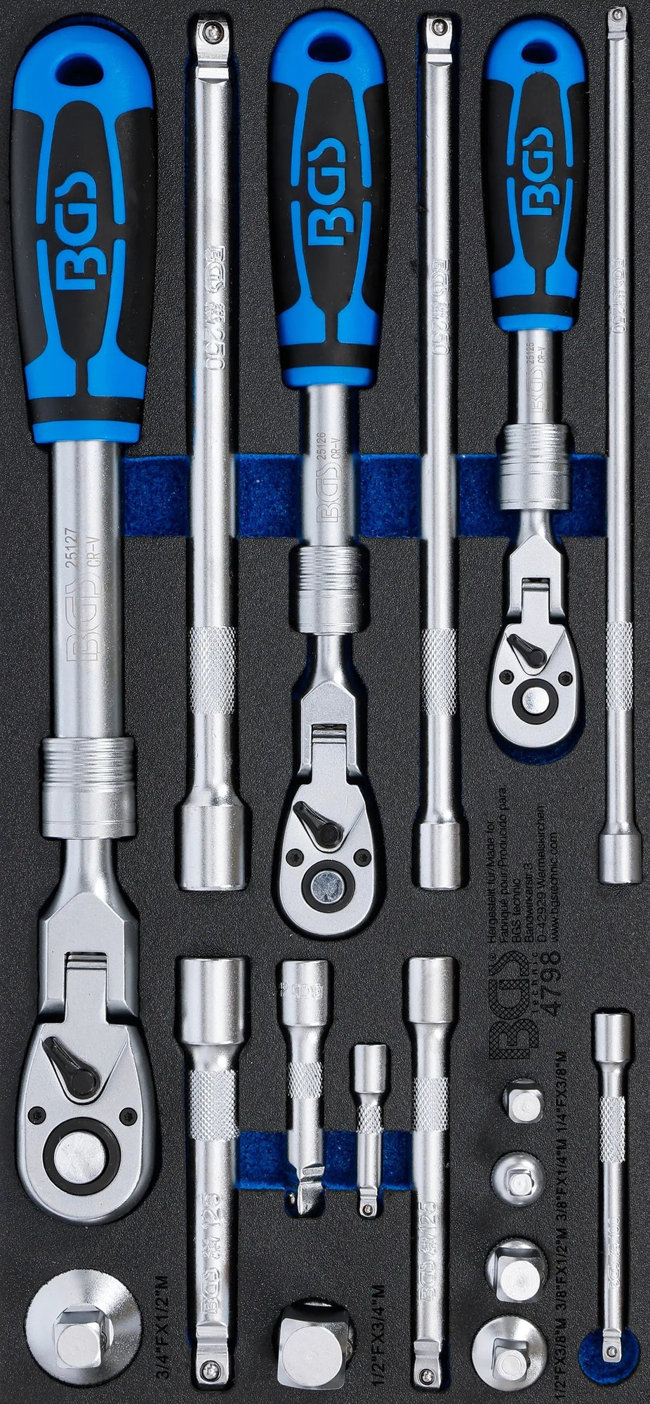 BGS 4798 Satz Umschaltknarren ausziehbar abwinkelbar Abtrieb 6,3mm (1/4") 10mm (3/8") 12,5mm (1/2") 17 teilig