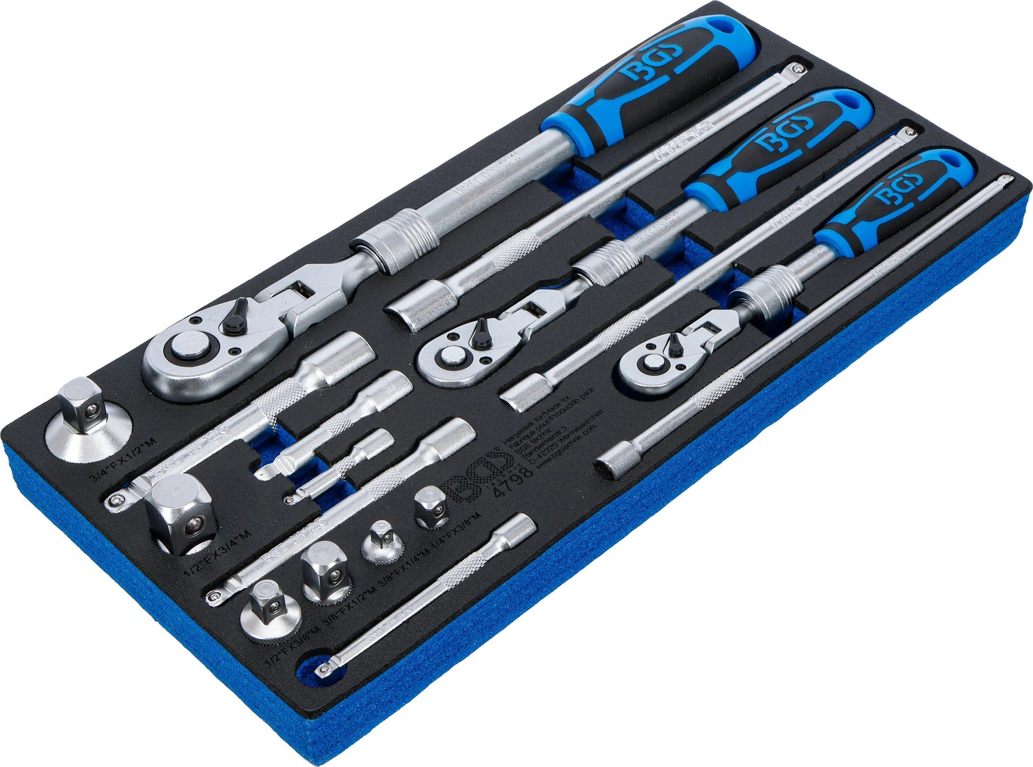 BGS 4798 Satz Umschaltknarren ausziehbar abwinkelbar Abtrieb 6,3mm (1/4") 10mm (3/8") 12,5mm (1/2") 17 teilig