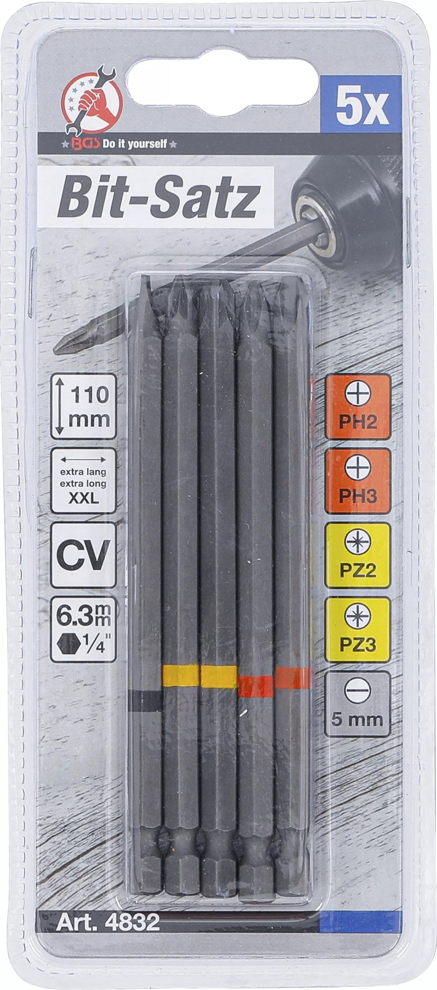 BGS DIY 4832 Bit Satz Außensechskant 6,3mm (1/4") Kreuzschlitz PH Kreuzschlitz PZ Schlitz Länge 110mm 5 teilig