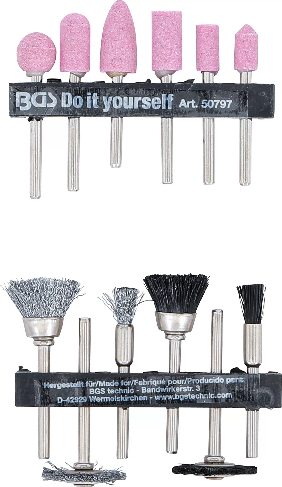 BGS DIY 50797 Satz Schleifer Stahldraht Kunststoff Bürsten 12 teilig