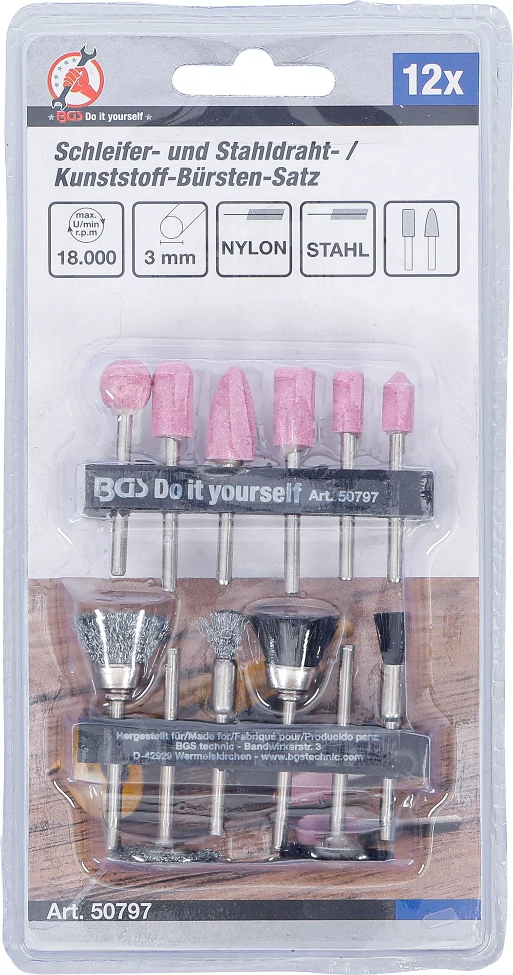 BGS DIY 50797 Satz Schleifer Stahldraht Kunststoff Bürsten 12 teilig