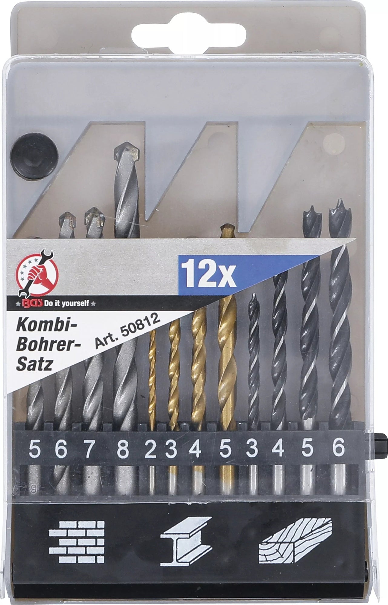 BGS DIY 50812 Satz Bohrer für Metall, Stein & Holz Ø2-8mm 12-teilig