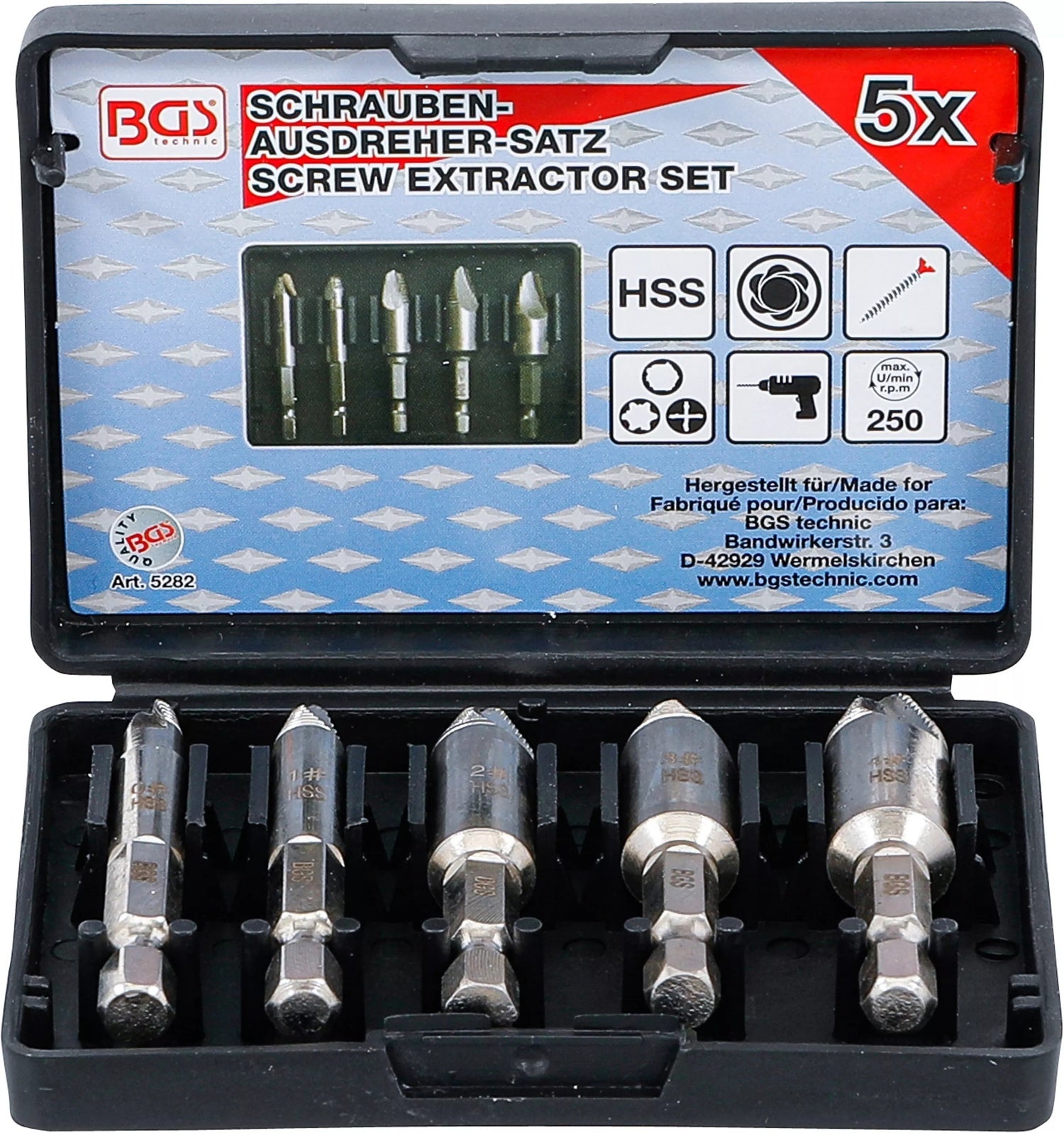 BGS 5282 Satz Schraubenkopf Ausdreher Linksausdreher 5tlg zum Ausdrehen Torx Kreuzschlitzschrauben