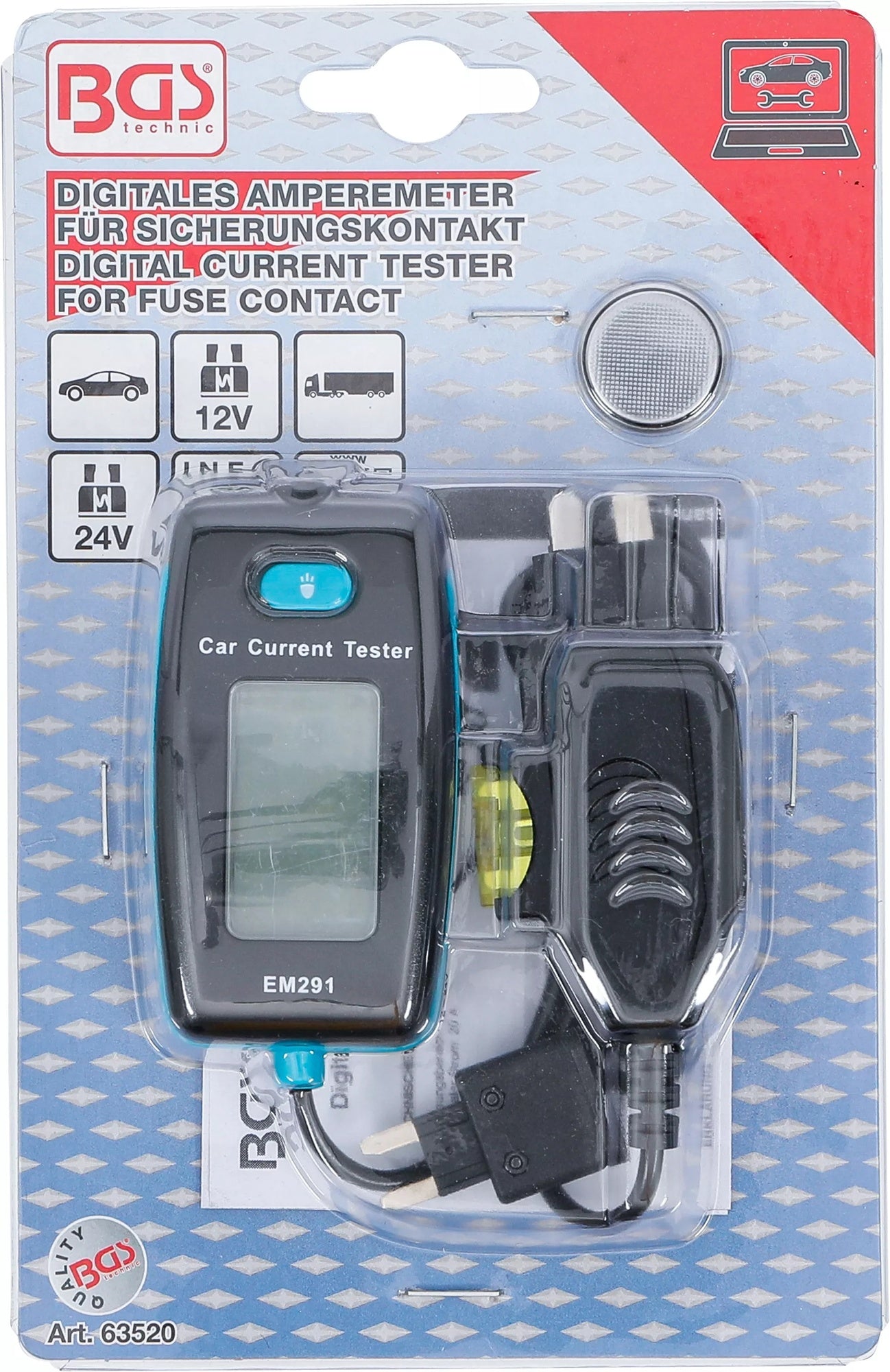 BGS 63520 Digitales Amperemeter für Sicherungskontakt 12 Volt & 24 Volt