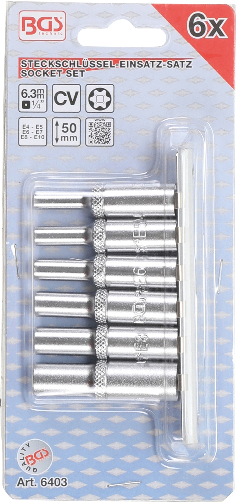 BGS 6403 Satz Steckschlüsseleinsätze E-Profil tief Antrieb Innenvierkant 6,3mm (1/4") SW E4 - E10