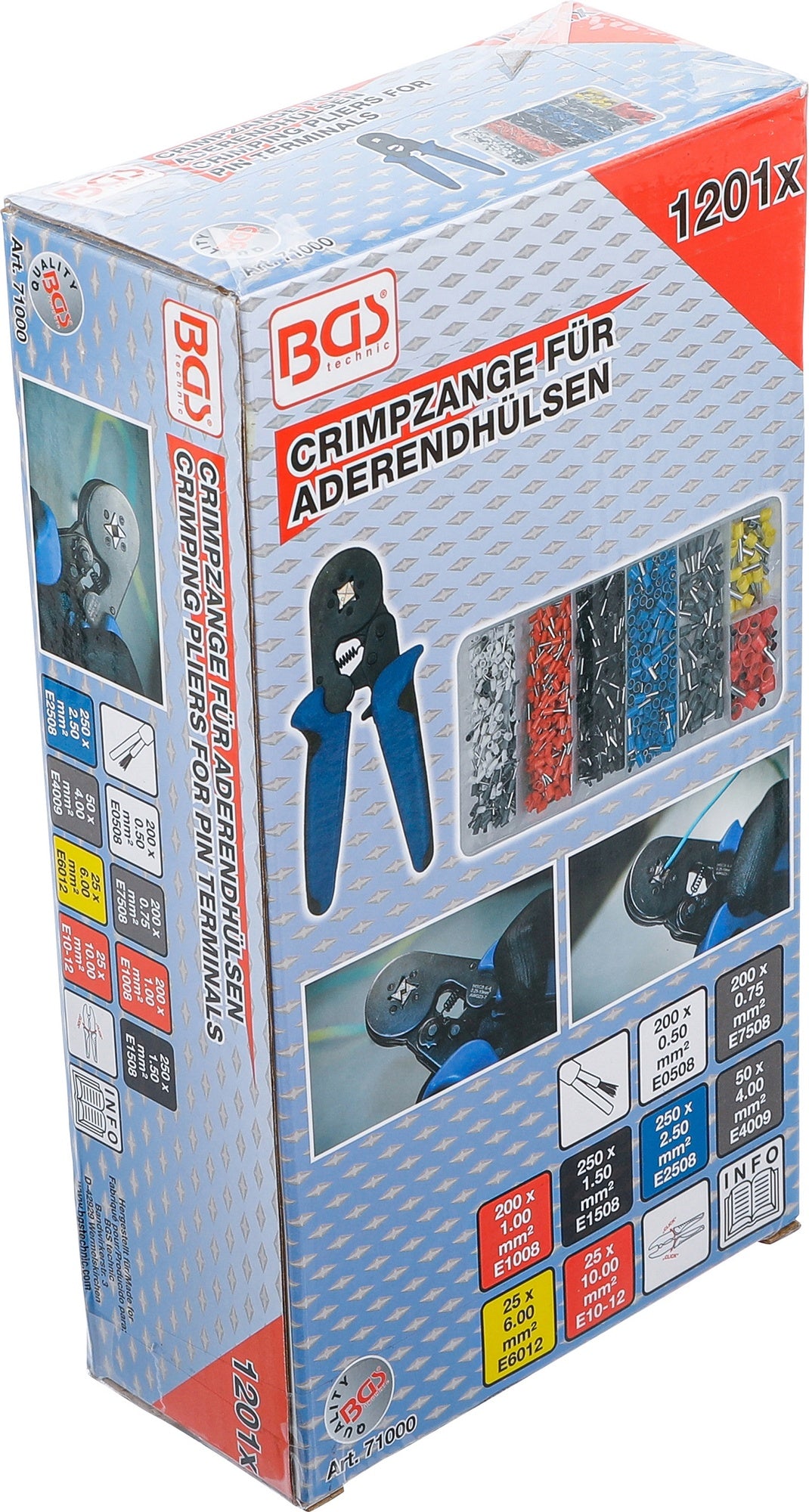 BGS 71000 Crimpzange für Aderendhülsen 0,25-10mm² Vierkant mit 1200 Aderendhülsen