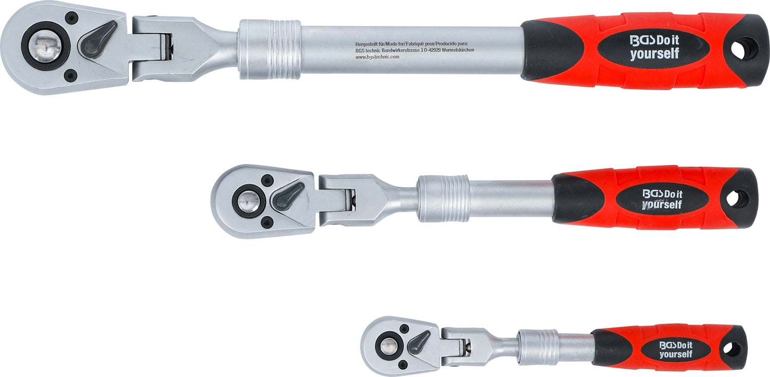 BGS DIY 72114 Satz Umschaltknarren ausziehbar abwinkelbar Abtrieb 6,3mm (1/4") 10mm (3/8") 12,5mm (1/2")
