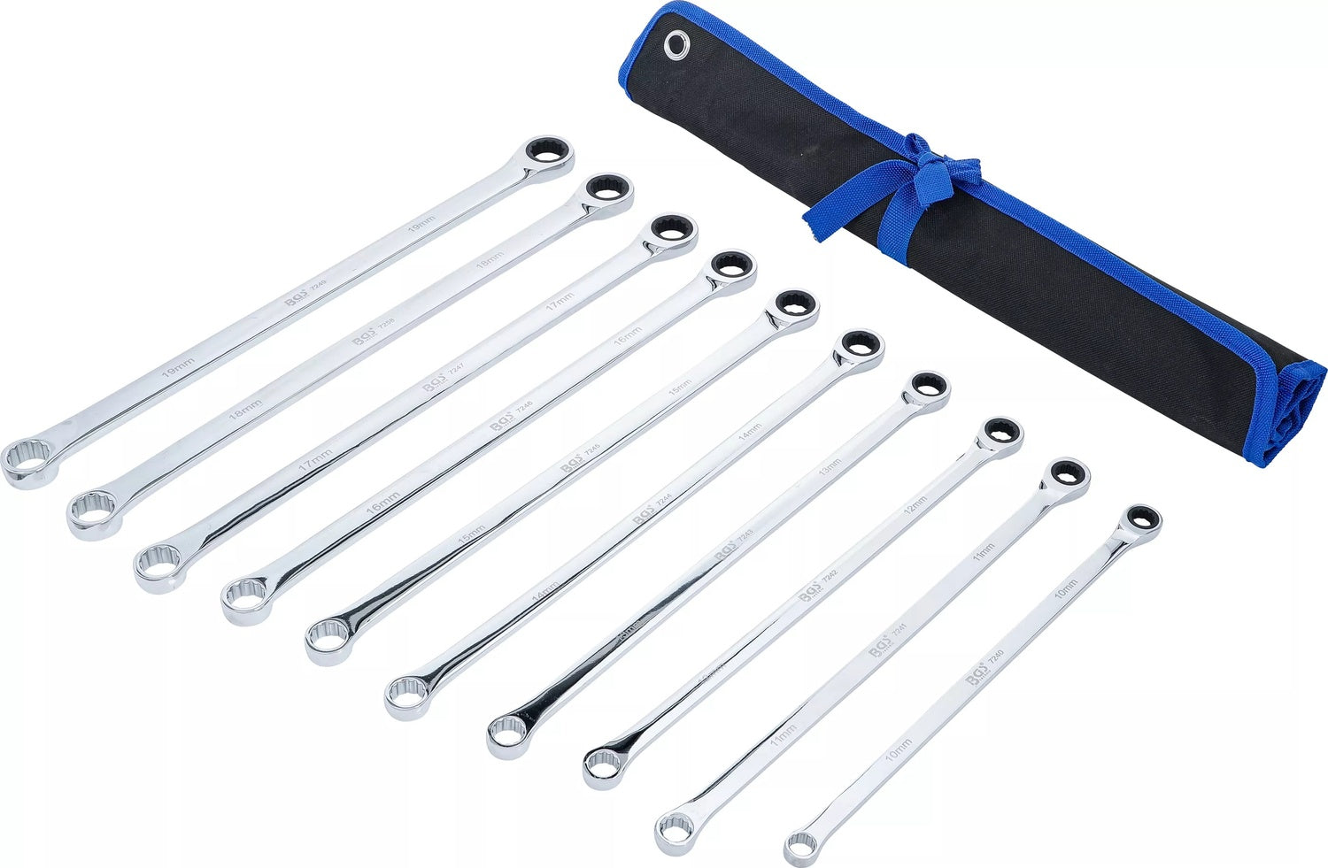 BGS 7239 Satz Ratschenringschlüssel Ringschlüssel extra lang SW 10 - 19mm 10 teilig
