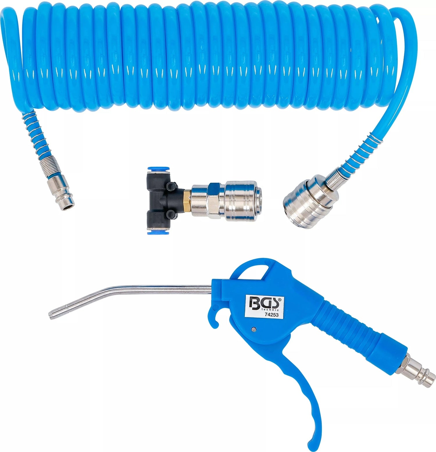BGS 74253 Druckluft Ausblaspistole mit Druckluft Spiralschlauch und T-Verbinder