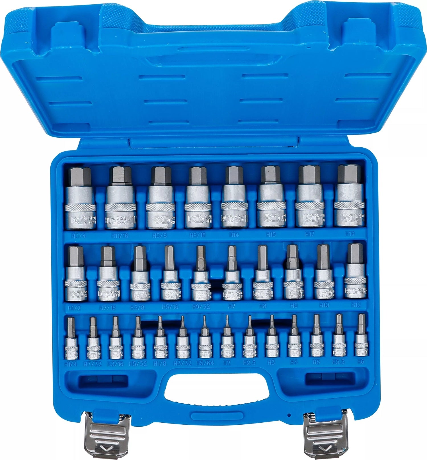 BGS 74258 Satz Innensechskant Biteinsätze HX2-HX19mm Zollgrößen 1/4"-9/16" Antrieb 6,3mm (1/4") 10mm (3/8") 12,5mm (1/2")