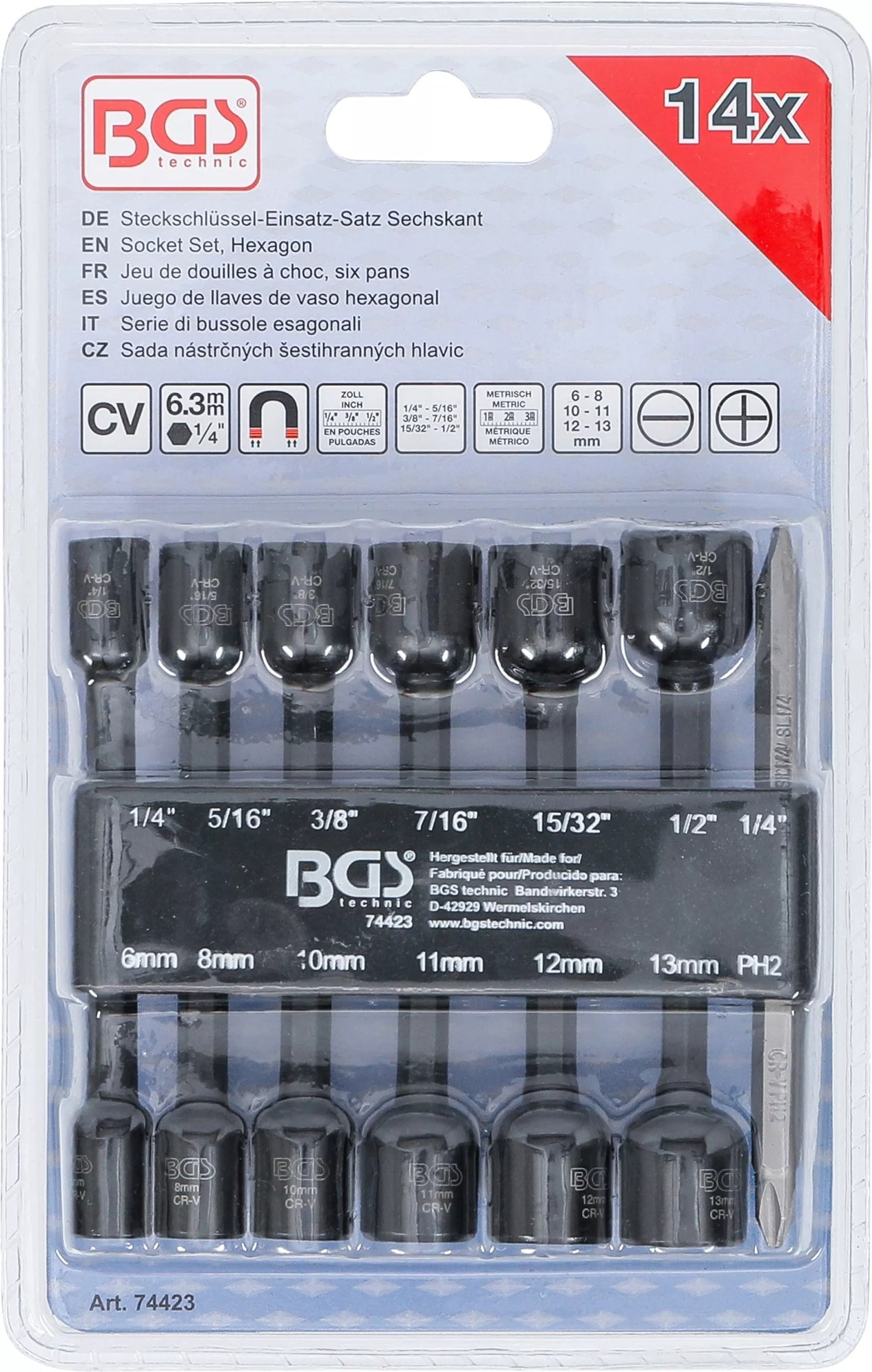 BGS 74423 Satz Steckschlüsseleinsätze Sechskant Antrieb 6,3mm (1/4") SW 1/4" - 1/2" 6-13mm für Bohrmaschinen