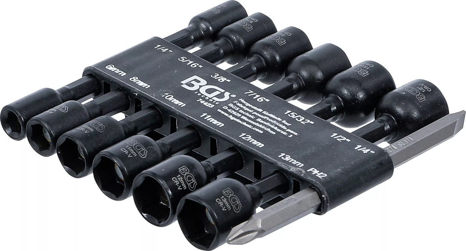 BGS 74423 Satz Steckschlüsseleinsätze Sechskant Antrieb 6,3mm (1/4") SW 1/4" - 1/2" 6-13mm für Bohrmaschinen