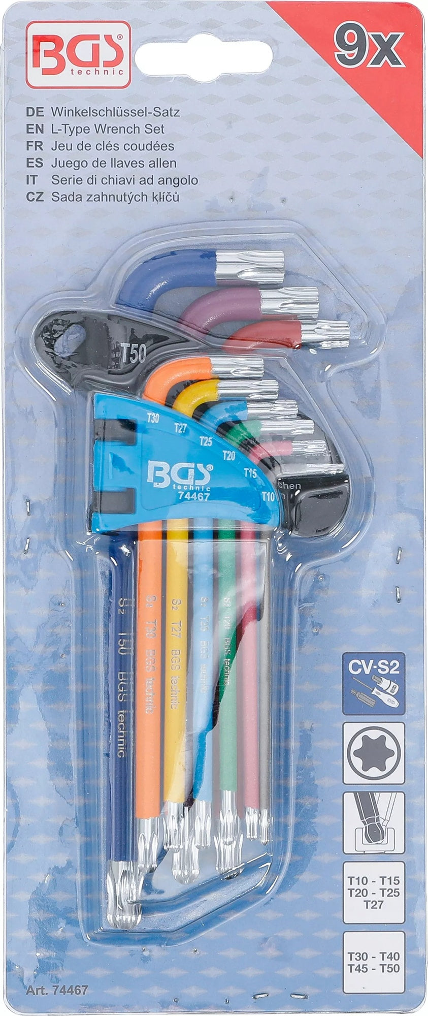 BGS 74467 Satz Winkelschlüssel Multicolour T-Profil (für Torx) mit Kugelkopf T10 - T50 9 teilig