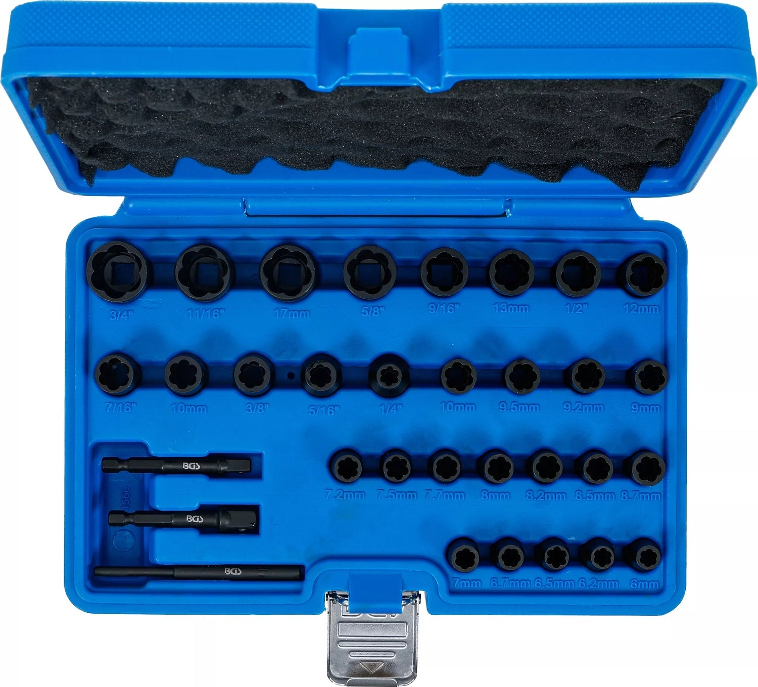 BGS 74560 Satz Spiralprofil Steckschlüssel Schraubenausdreher 6,3mm (1/4") 10mm (3/8") Metrisch und Zollgrößen