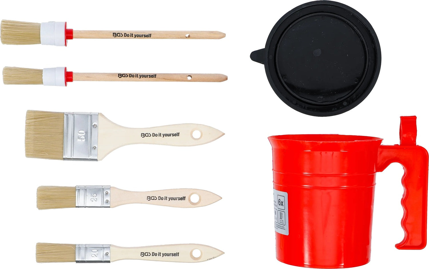 BGS DIY 76500 Pinselsatz Ringpinsel Flachpinsel Borstenpinsel Farbbecher 6 teilig