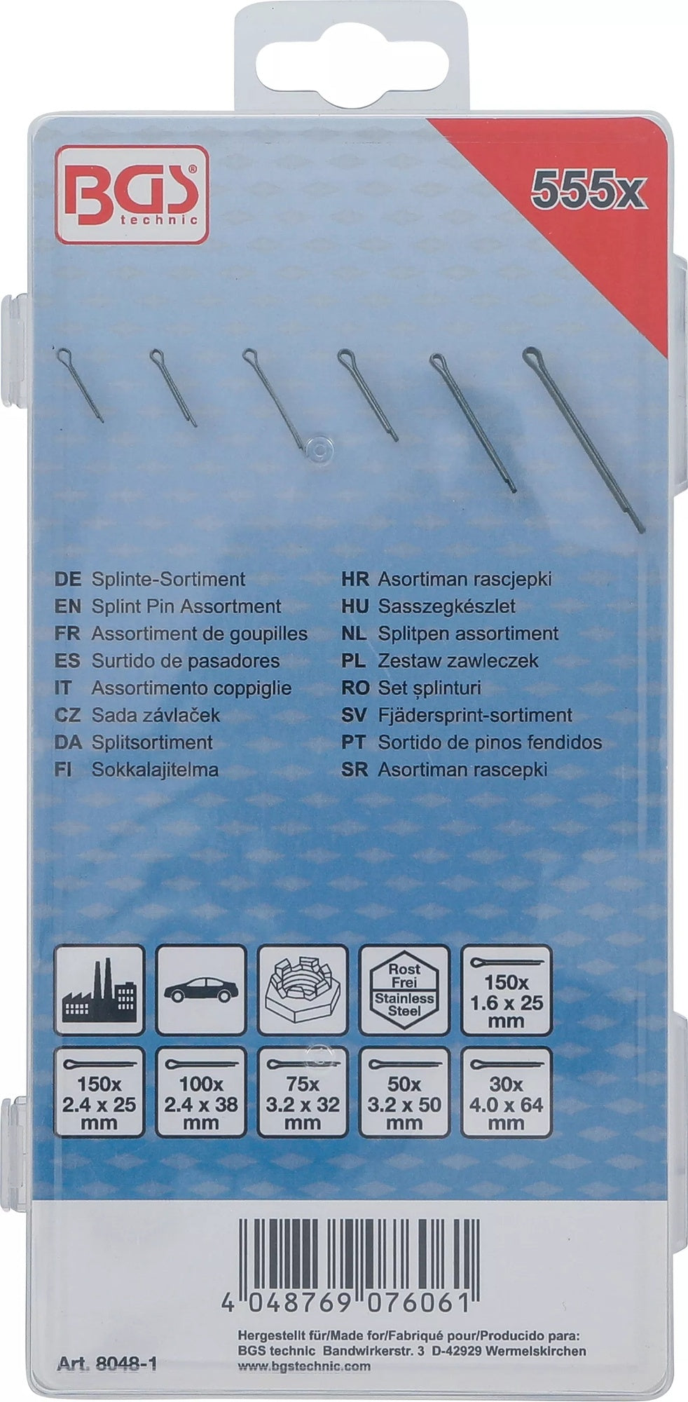 BGS 8048-1 Sortiment Splinte Edelstahl Durchmesser Ø 1,6 - 4,0mm 555 teilig