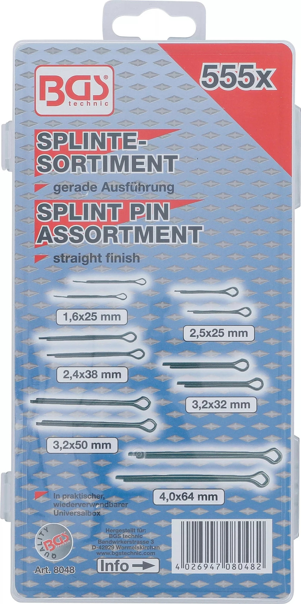 BGS 8048 Sortiment Splinte gerade Ausführung 555 teilig in einer Box