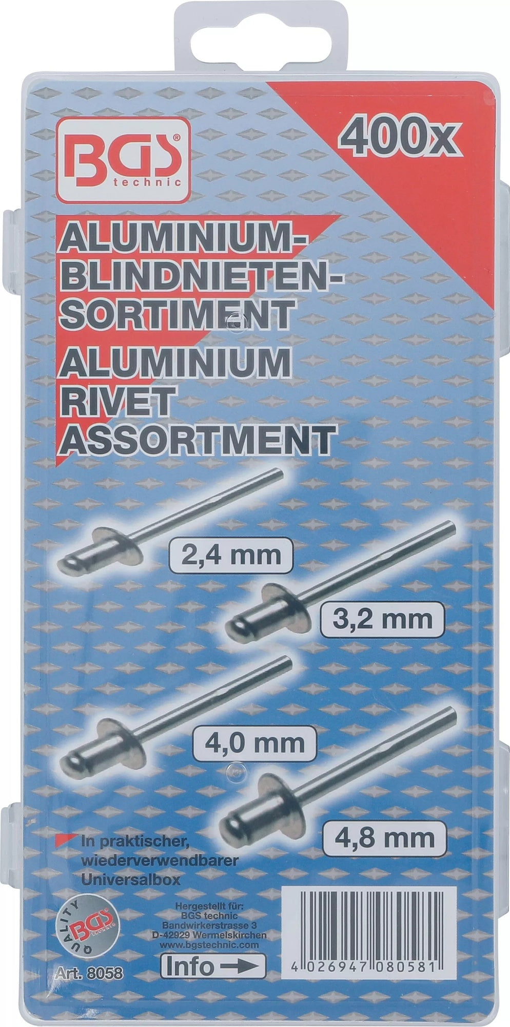 BGS 8058 Sortiment Poppnieten / Blindnieten 400 teilig in der Box