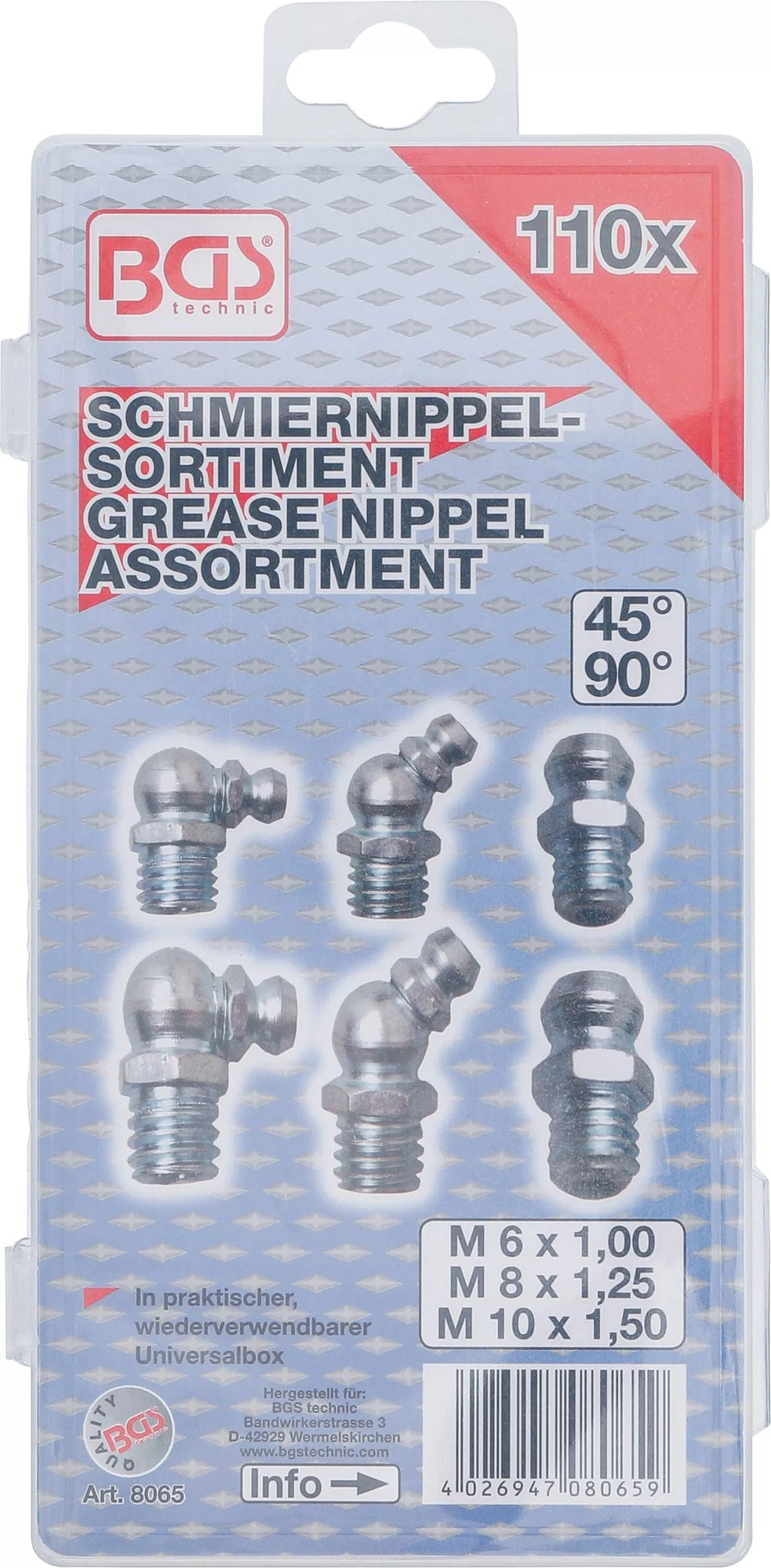 BGS 8065 Sortiment Schmiernippel 110 teilig Satz M6 M8 M10
