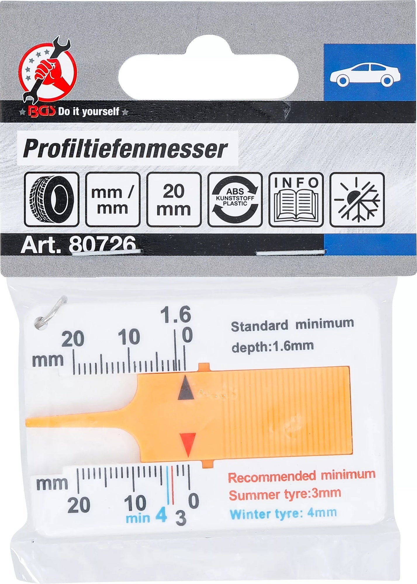 BGS DIY 80726 Profiltiefenmesser Messgerät Reifenprofiltiefe 0-20mm mit Schlüsselanhänger