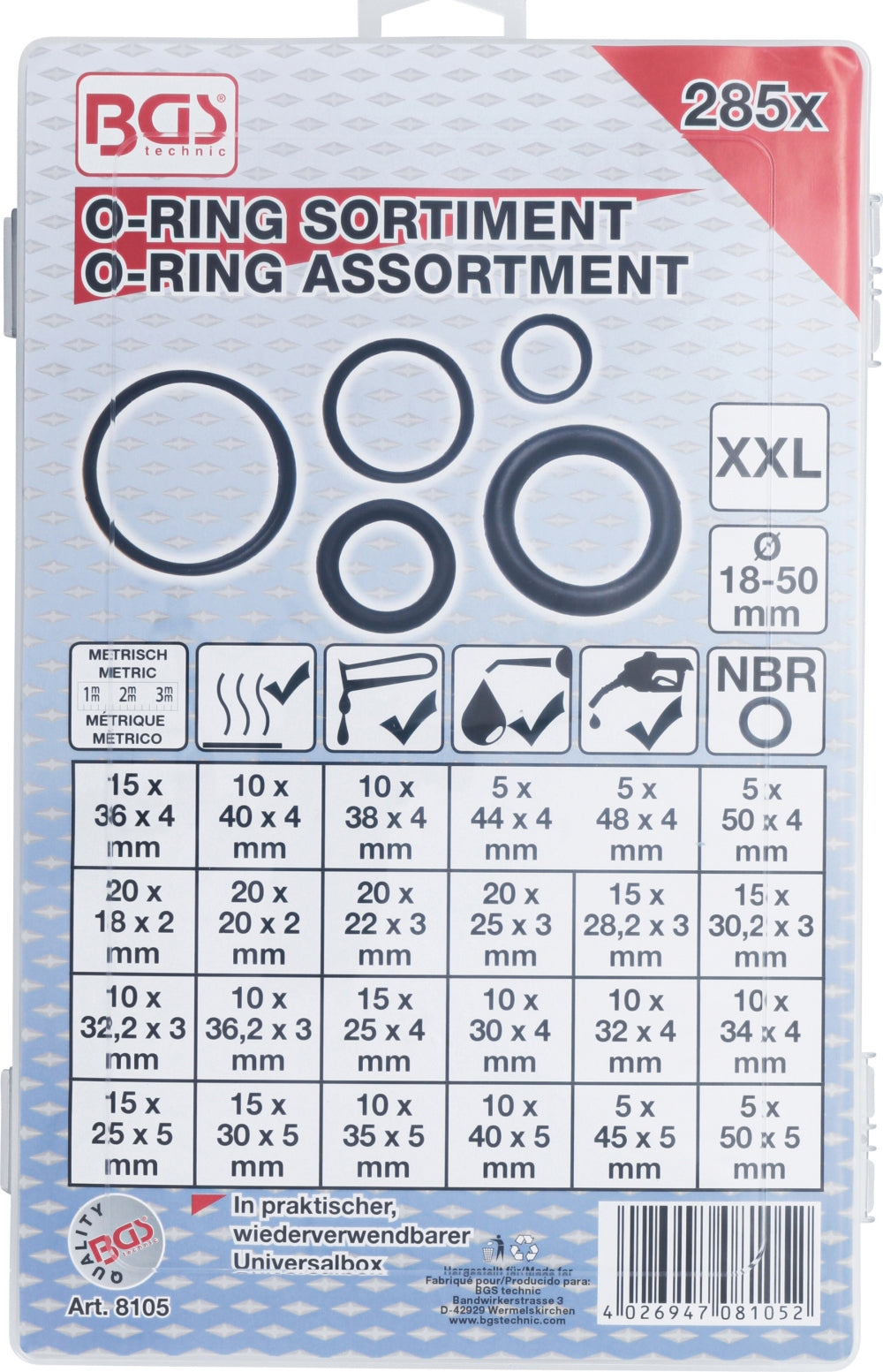 BGS 8105 Sortiment O-Ringe / Dichtungsringe XXL Ø 18 - 50mm 285 teilig