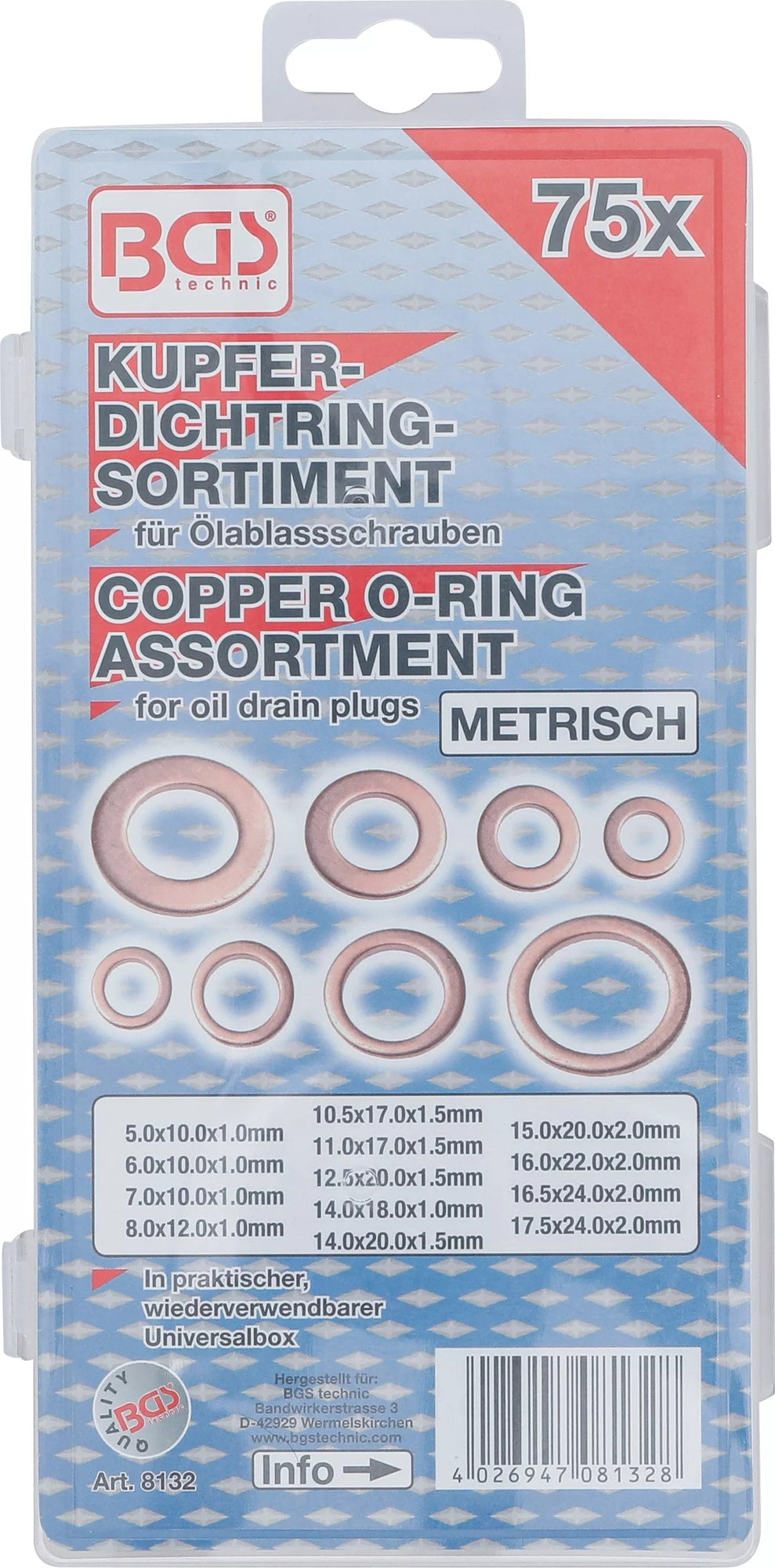 BGS 8132 Sortiment Kupfer Dichtringe metrisch für Ölablassschrauben 75 teilig