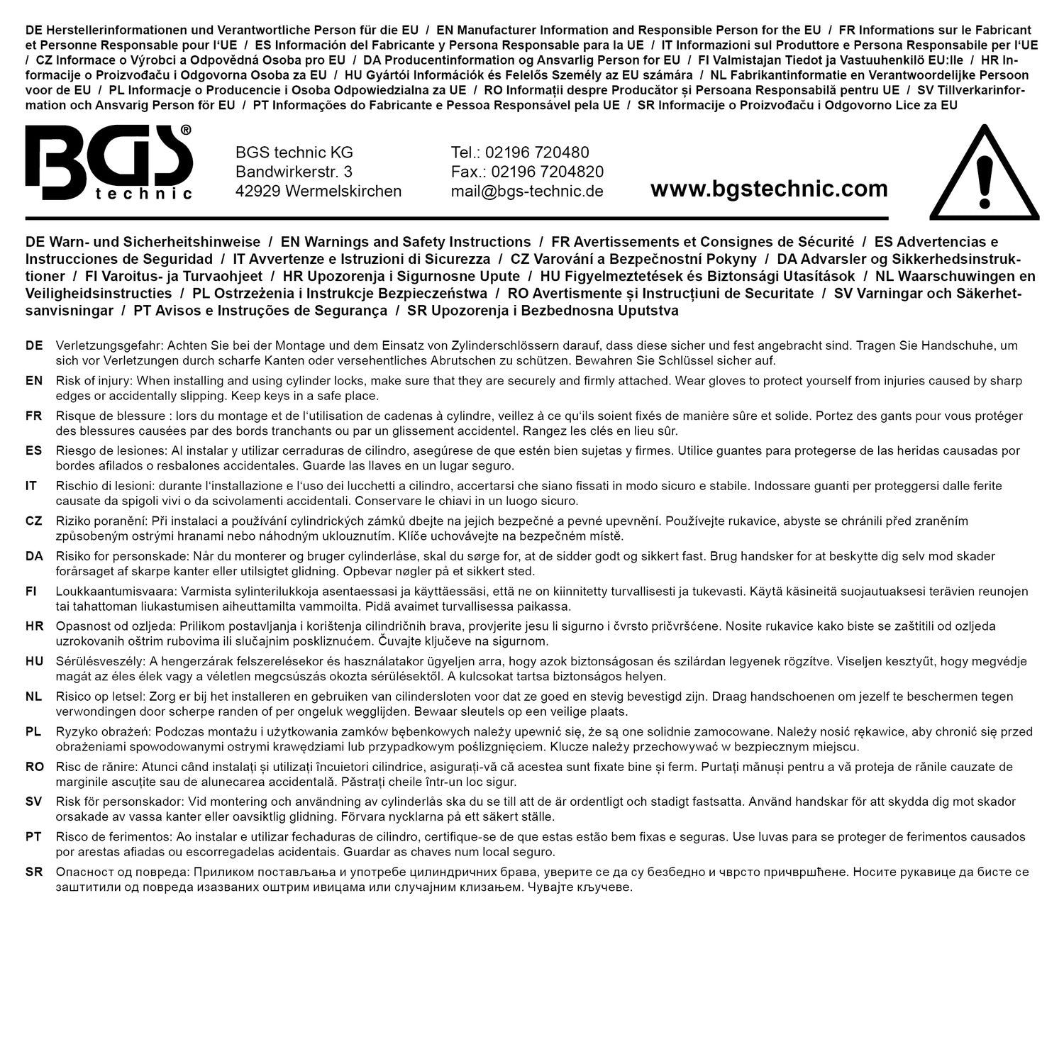 BGS DIY 85239 Sicherheits Schließzylinder Zylinderlänge 80mm Größe 30/50mm