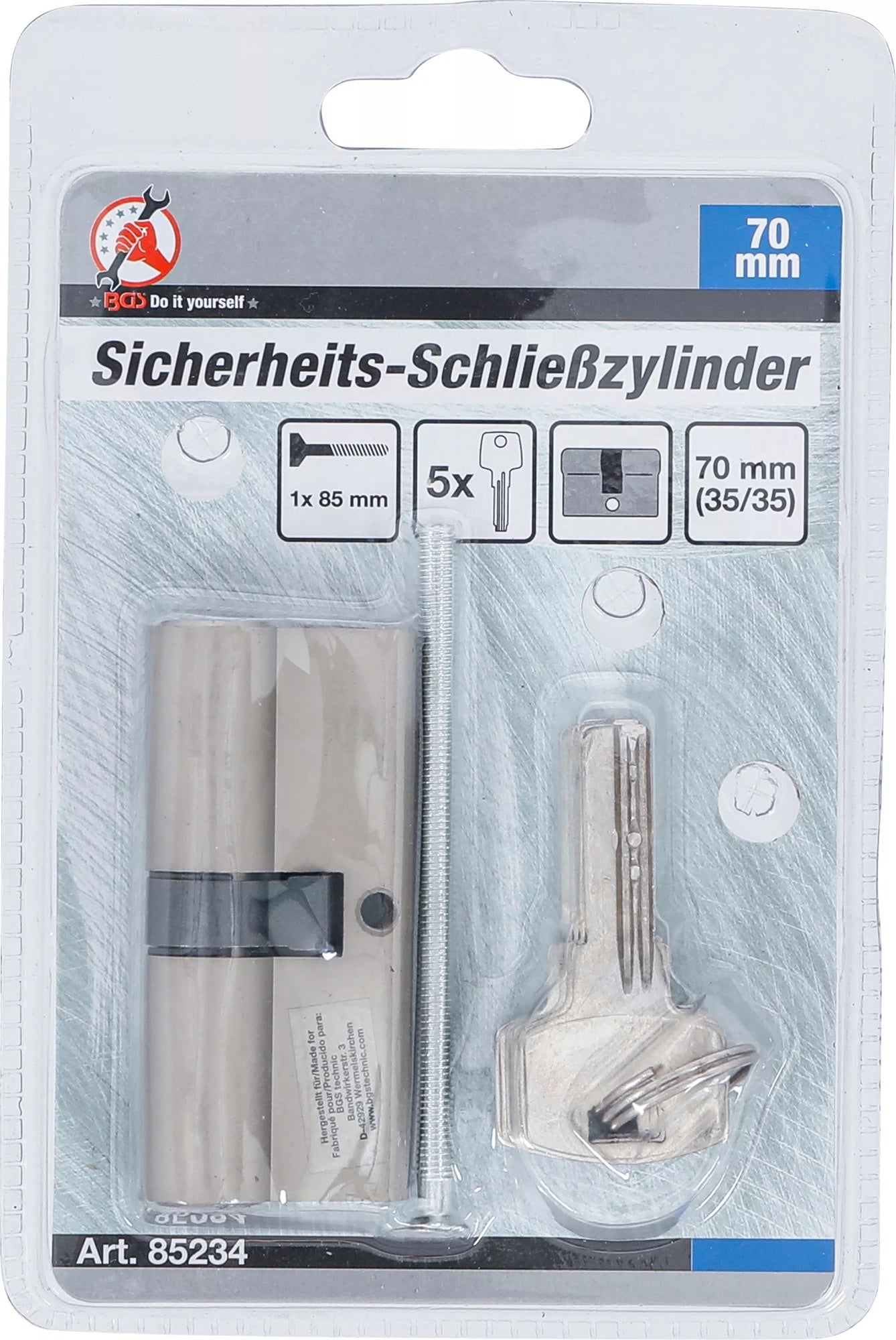 BGS DIY 85234 Sicherheits Schließzylinder Zylinderlänge 70mm Größe 35/35mm