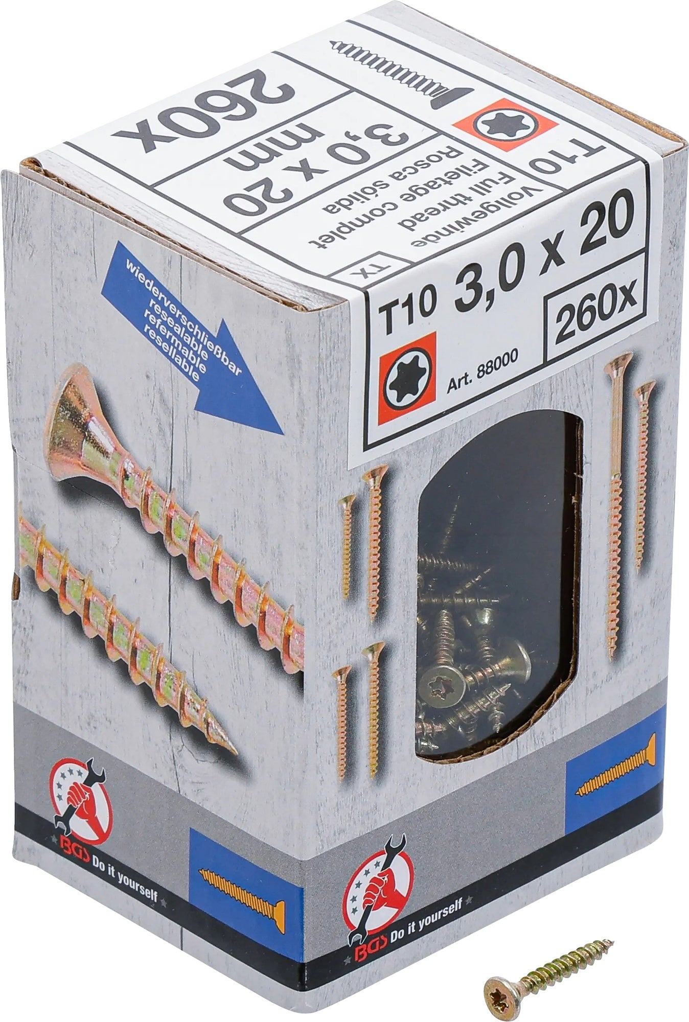BGS DIY 88000 Mehrzweckschrauben T-Profil (für Torx) T10 3,0 x 20mm 260 Stück 1kg