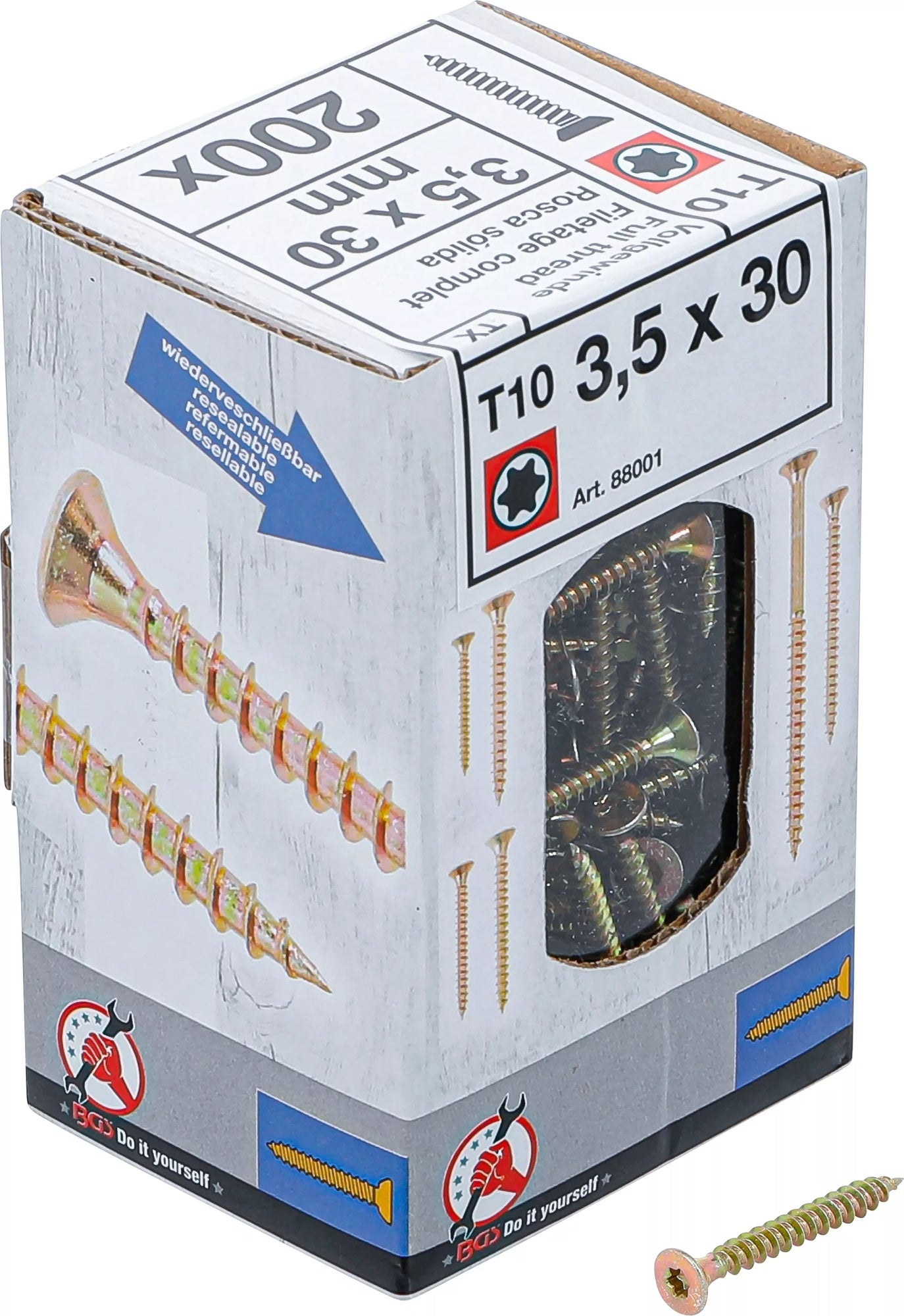 BGS DIY 88001 Satz Mehrzweckschrauben T-Profil (für Torx) T10 3,5x30mm 200 Stück