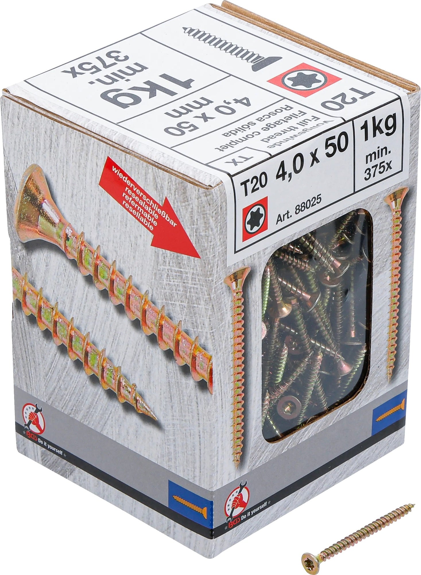 BGS DIY 88025 Mehrzweckschrauben T-Profil (für Torx) T20 4,0 x 50mm 375 Stück 1kg