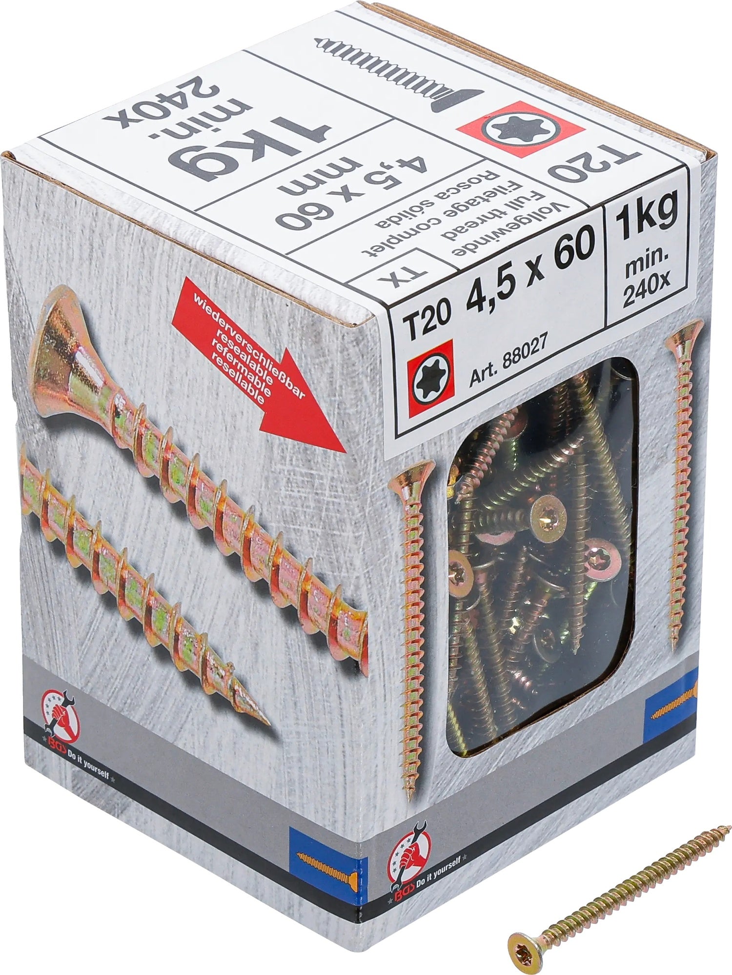 BGS DIY 88027 Mehrzweckschrauben T-Profil (für Torx) T20 4,0 x 60mm 240 Stück 1kg