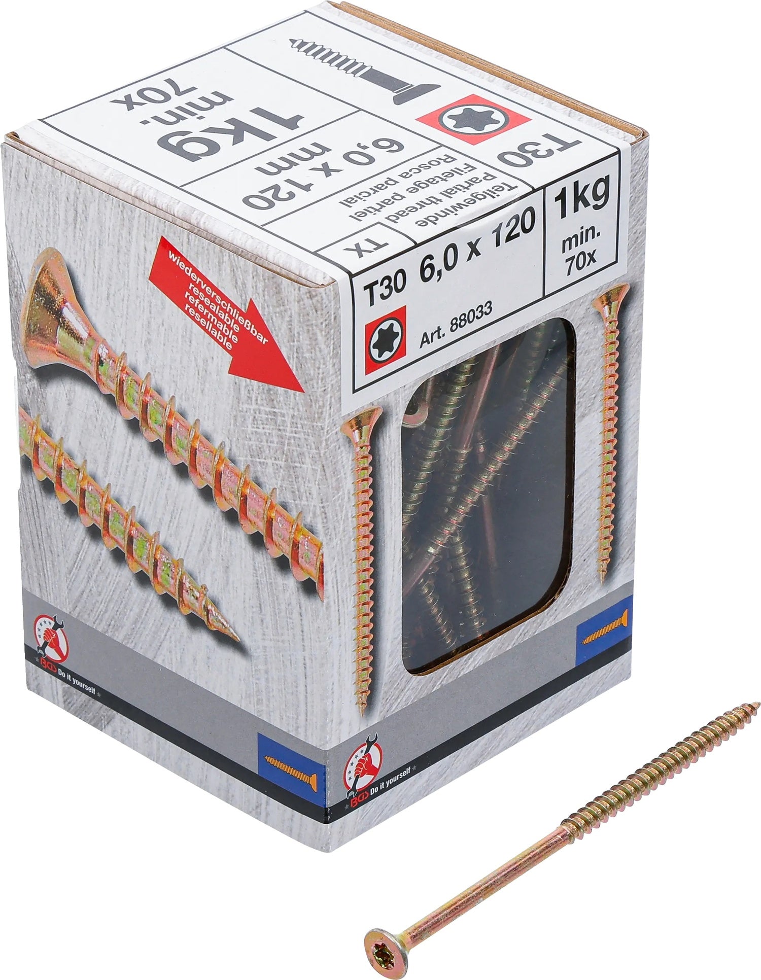 BGS DIY 88033 Mehrzweckschrauben T-Profil (für Torx) T30 6,0 x 120mm 70 Stück 1kg
