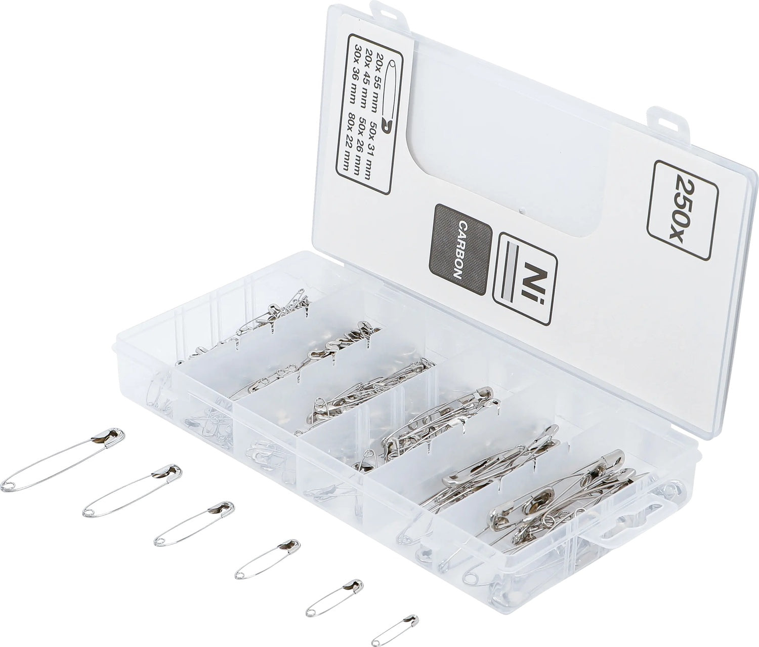 BGS DIY 88196 Sortiment Sicherheitsnadeln 22-55mm 6 Größen 250 teilig